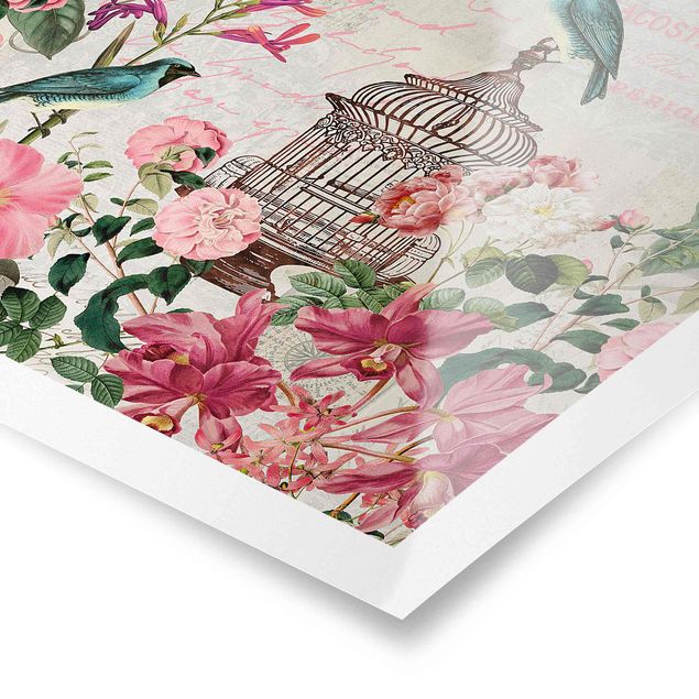 Tableaux rose Collage Shabby Chic - Fleurs roses et oiseaux bleus