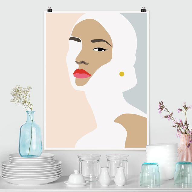 Déco mur cuisine Line Art Portrait Femme Pastel Gris
