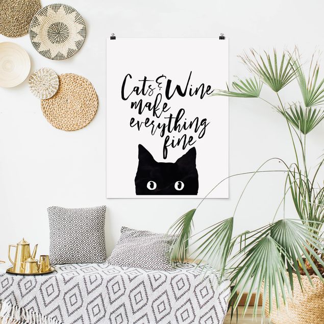 Posters en noir et blanc Cats And Wine make Everything Fine - Chats et vin