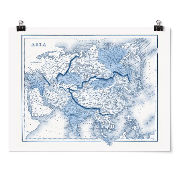 Tableau vintage Carte dans les tons bleus - Asie