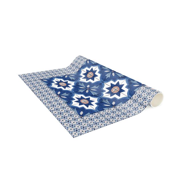 tapis longs Carreaux Marocains Aquarelle Bleue avec Cadre Carreaux