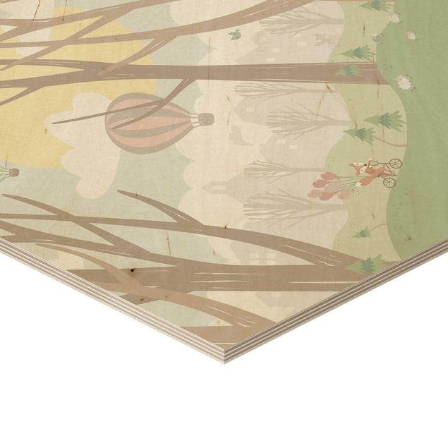 Hexagone en bois - Sun With Trees And Hot Air Balloons
