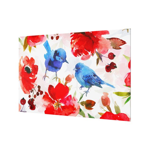 Fonds de hotte - Watercolour Birds In Blue And Pink - Format paysage 1:1