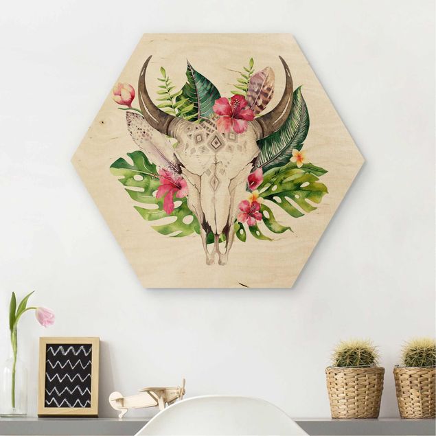 Tableaux en bois avec fleurs Crâne de fleur tropicale