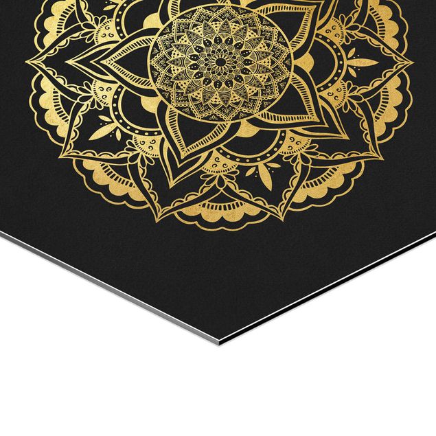 Tableau hexagonal Mandala Flower Sun Illustration Set Black Gold