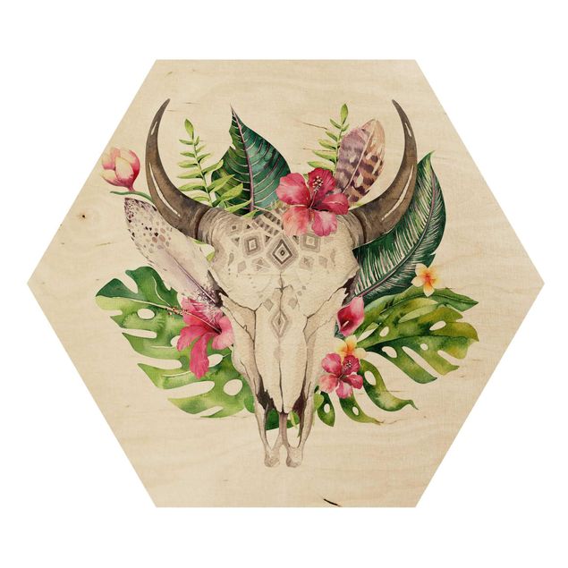 Hexagone en bois - Tropical Flower Skull
