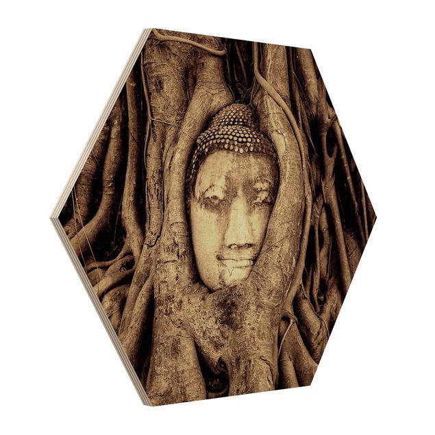 Tableau vintage bois Bouddha d'Ayutthaya doublé de racines d'arbre en brun