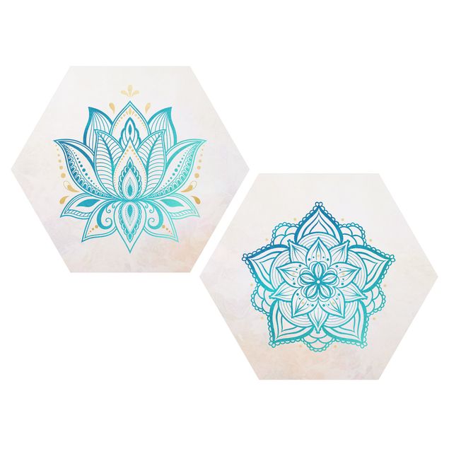 Tableau dessins Lot Mandala Lotus Or Bleu