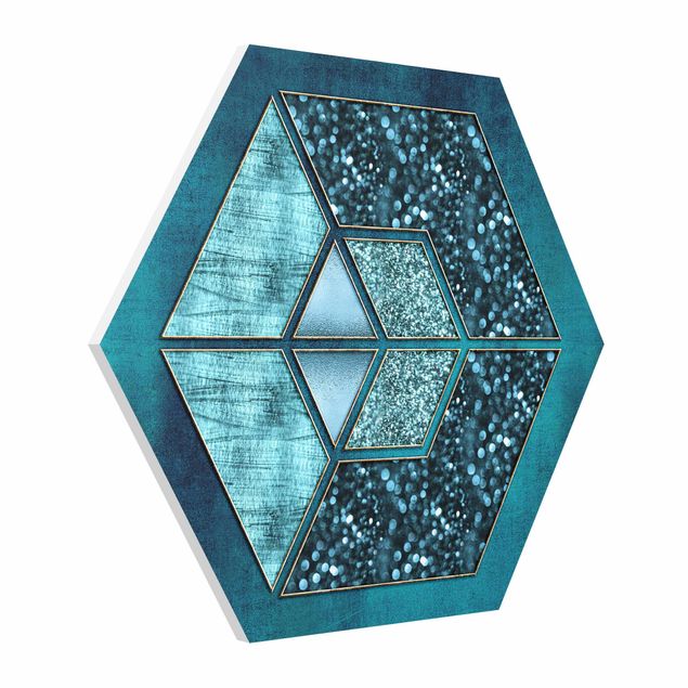 Tableaux reproductions Hexagone Bleu avec Contour Doré