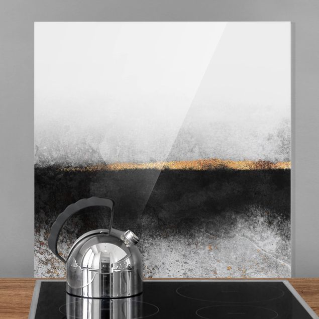 Déco mur cuisine Horizon doré abstrait noir et blanc