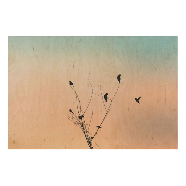 Tableaux en bois avec paysage Oiseaux Devant Le Soleil Rose II