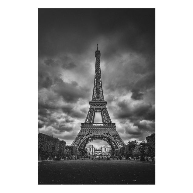 Tableaux Paris Tour Eiffel devant des nuages en noir et blanc