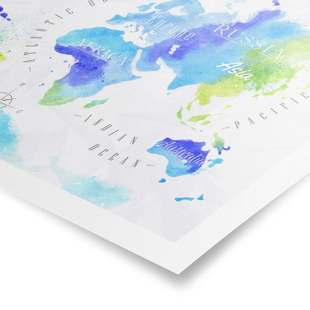 Tableau ton bleu Carte du Monde Aquarelle Bleu Vert