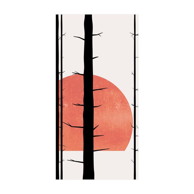 tapis contemporain Soleil rouge dans la forêt enchantée