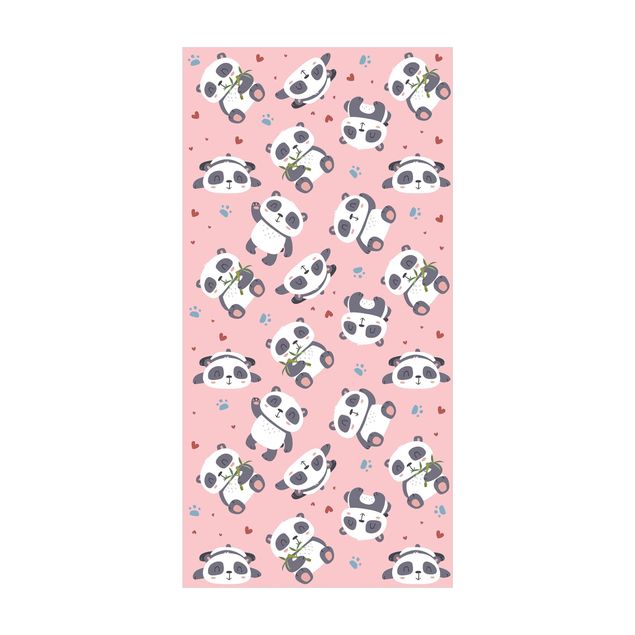tapis long couloir Panda mignon avec empreintes de pattes et cœurs rose pastel