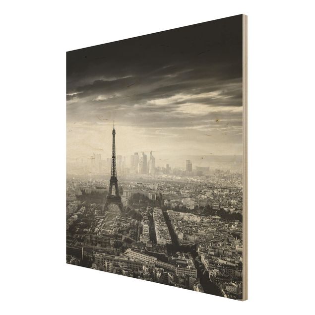 Tableaux bois La Tour Eiffel vue du ciel en noir et blanc