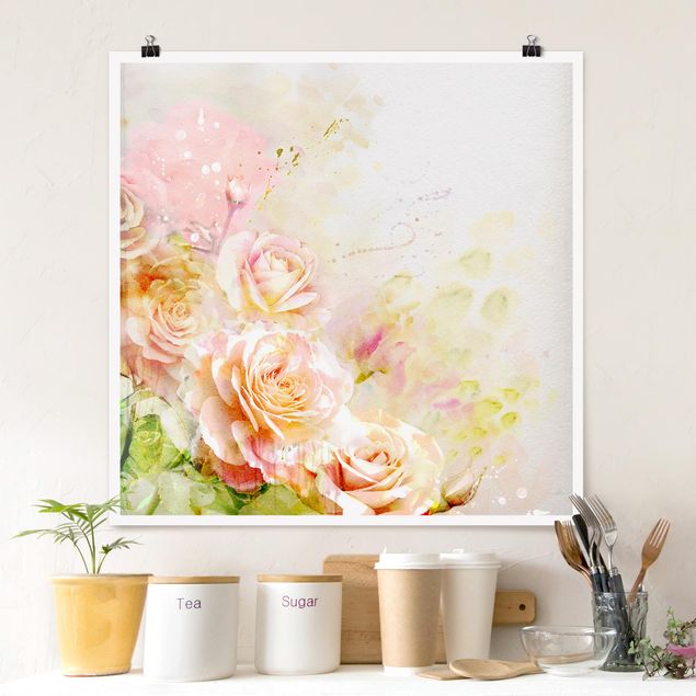 Tableaux moderne Composition de roses à l'aquarelle