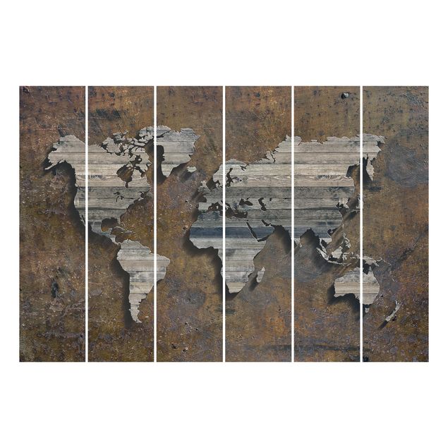 Panneaux coulissants effet pierre et bois Carte du monde avec grille en bois