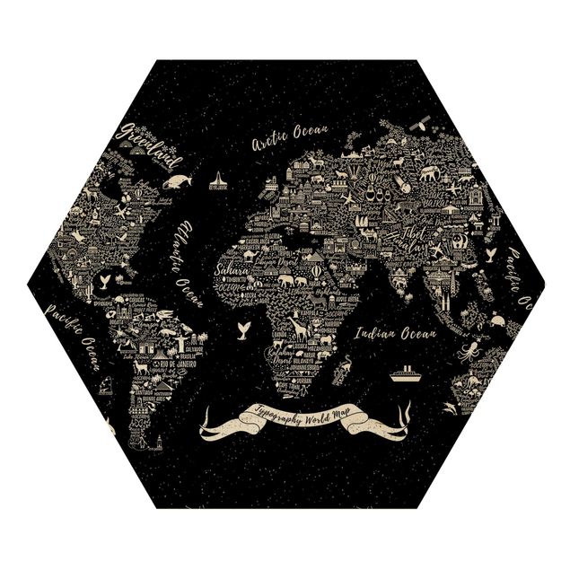 Hexagone en bois - Typography World Map Black