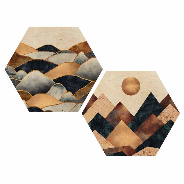 Impression sur bois Aquarelle Géométrique & Montagnes Dorées