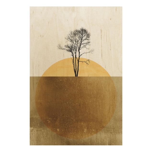 Tableaux en bois avec paysage Soleil Doré avec Arbre