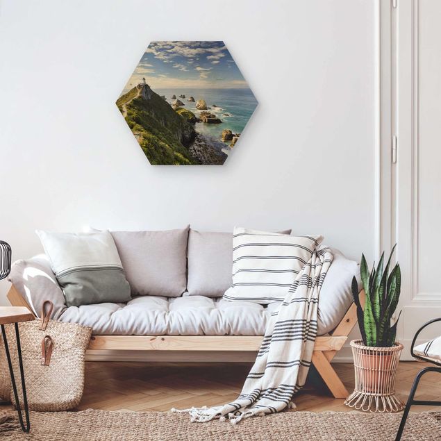 Tableaux en bois avec paysage Phare de Nugget Point et mer Nouvelle-Zélande