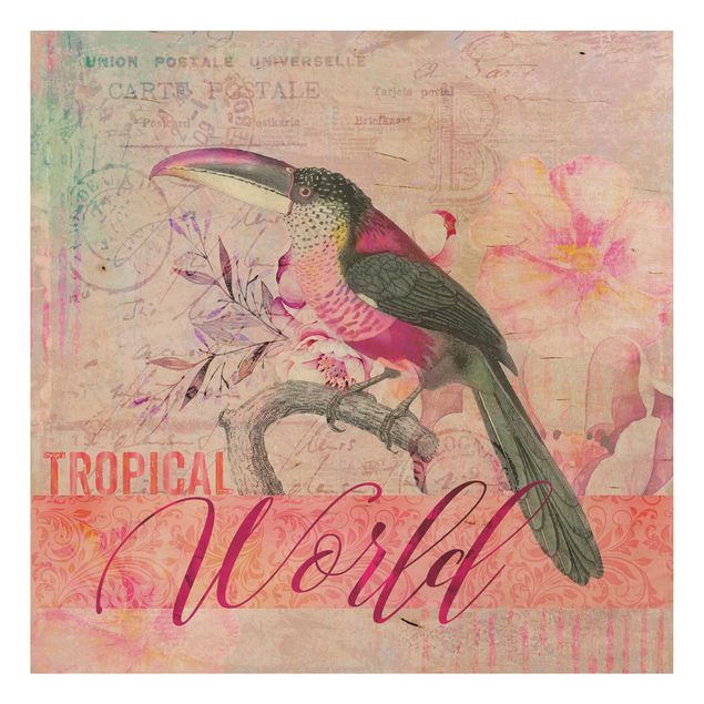Tableaux en bois avec fleurs Collage vintage - Monde Tropical Tucan