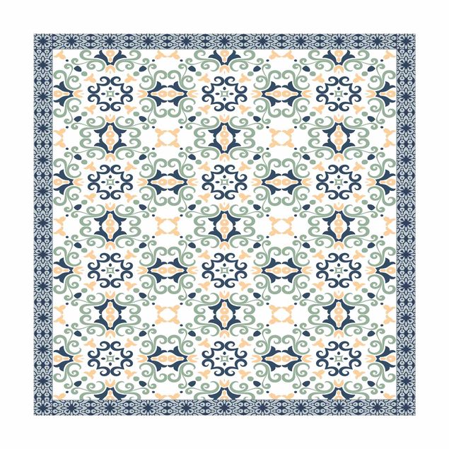 tapis salon moderne Carreaux floraux bleu jaunâtre avec bordure
