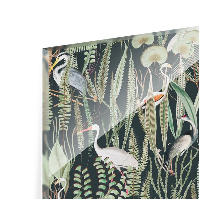 Fonds de hotte - Flamingos And Storks With Plants On Green - Format paysage 2:1