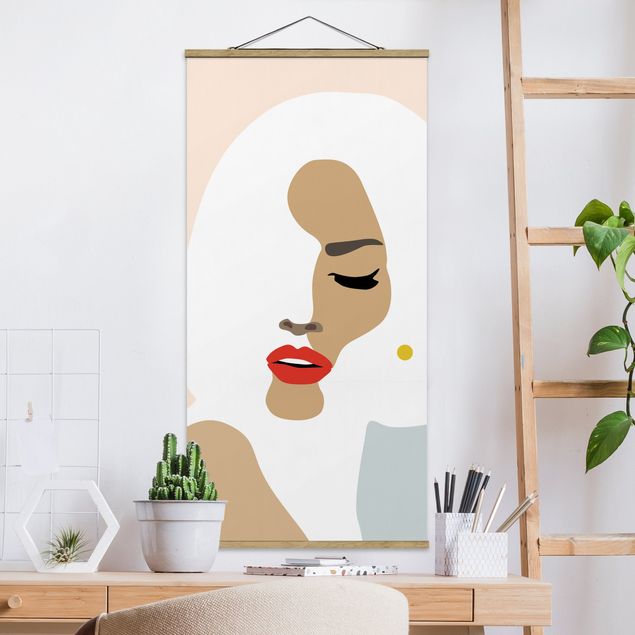 Déco mur cuisine Line Art Portrait Femme Beige Pastel