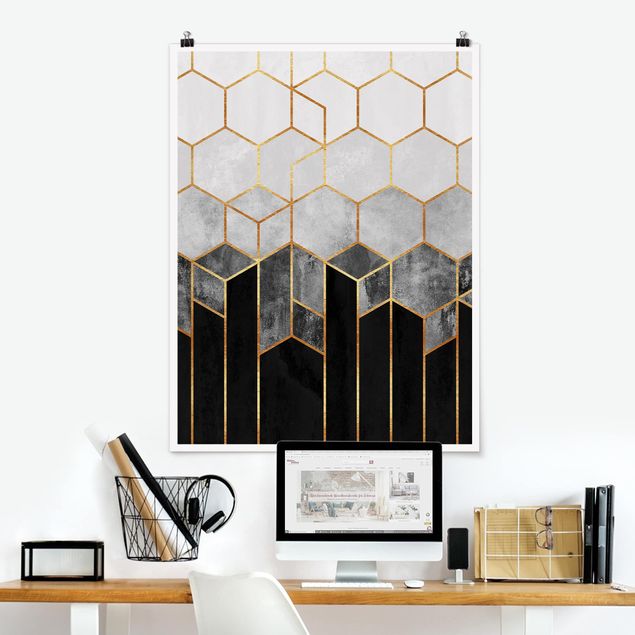 Tableaux modernes Hexagones d'or noir et blanc