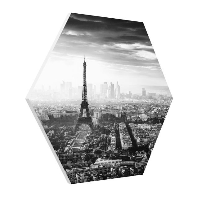 Tableau de ville La Tour Eiffel vue du ciel en noir et blanc