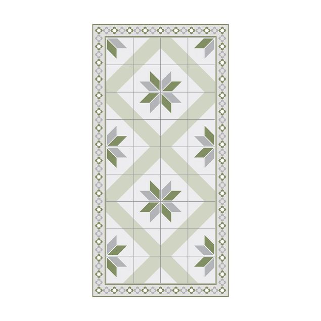 tapis effet carreaux de ciment Carreaux Géométriques Fleurs Losanges Vert Olive avec Bordure Étroite
