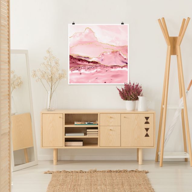 Tableau moderne Montagnes abstraites roses avec lignes dorées