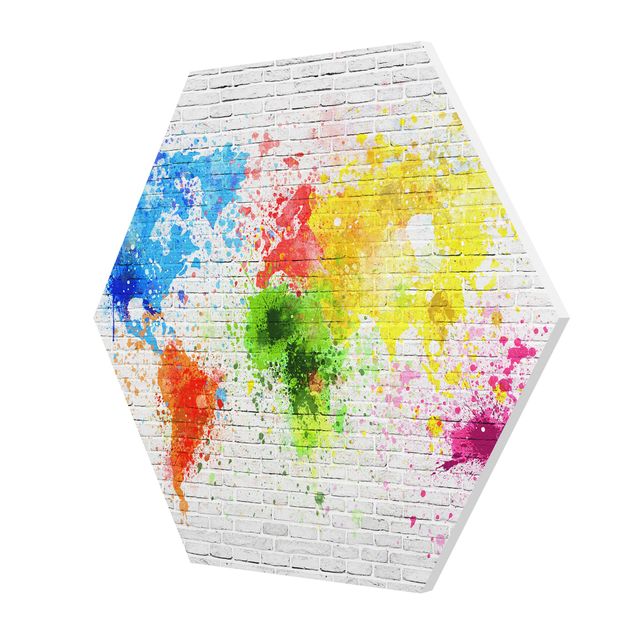 Tableau multicolore Mur de briques blanches Carte du monde
