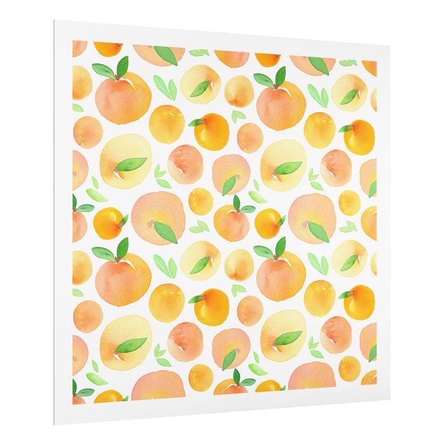 Fonds de hotte Oranges avec feuilles dans un cadre blanc aquarelle