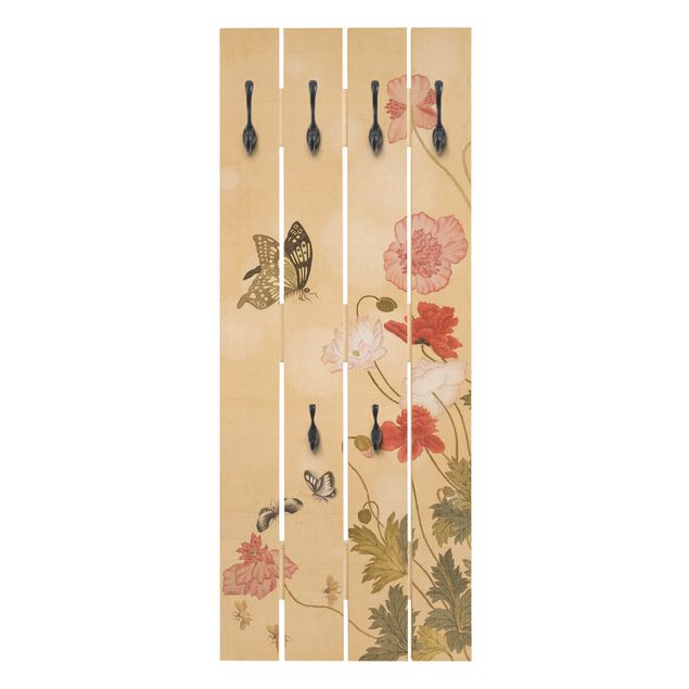 Porte-manteaux muraux effet bois Yuanyu Ma - Coquelicot et papillon