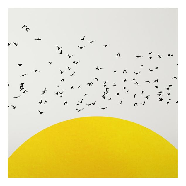 Tableaux paysage Foule d'oiseaux devant un soleil jaune
