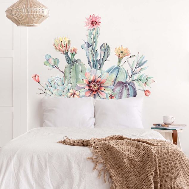 Stickers muraux paysage Bouquet de fleurs de cactus à l'aquarelle XXL