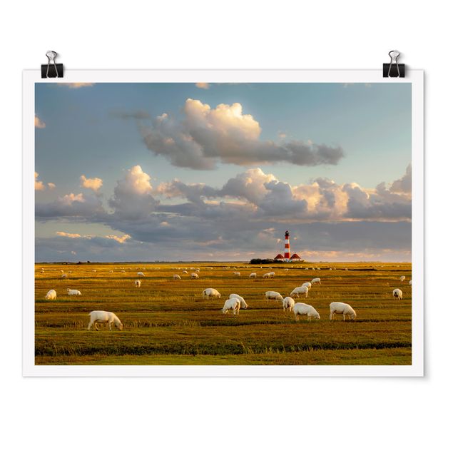 Tableaux moderne Phare de la mer du Nord avec un troupeau de moutons