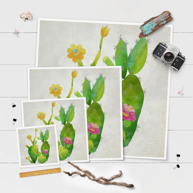 Tableau décoration Famille de cactus en rose et jaune