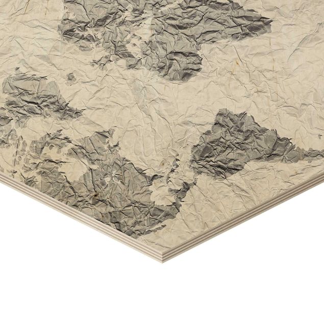 Hexagone en bois - Paper World Map White Grey