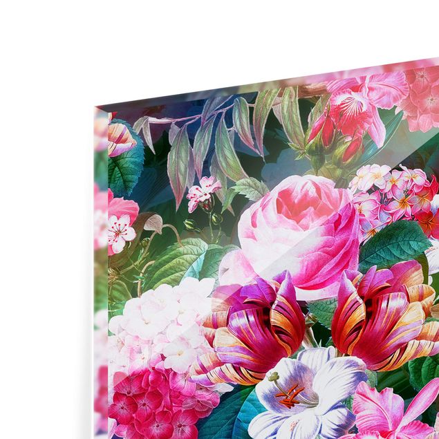 Fonds de hotte - Colourful Tropical Flowers With Birds Pink
