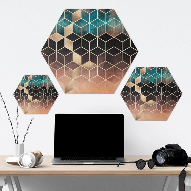 Hexagone en forex - Turquoise Rosé Golden Geometry