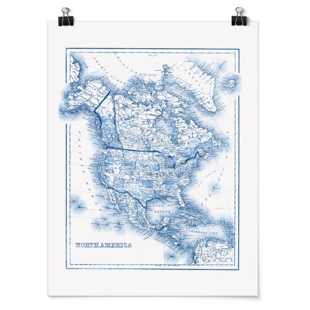 Poster carte du monde Carte dans les tons bleus - Amérique du Nord