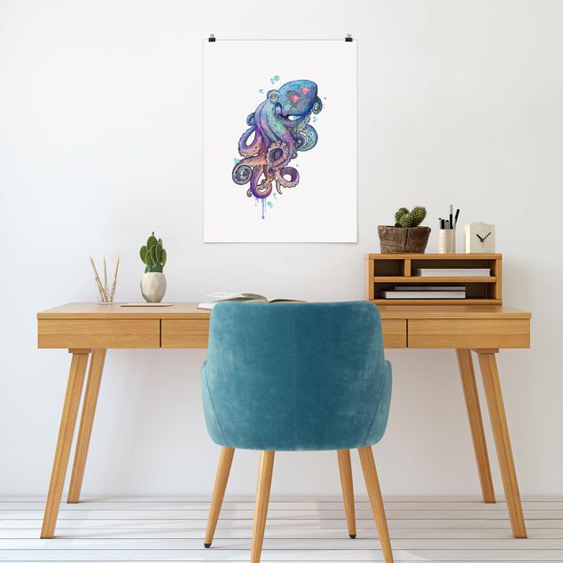 Tableaux moderne Illustration Pieuvre Violet Turquoise Peinture