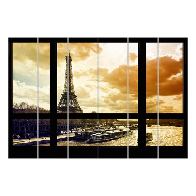 Panneaux coulissants Vue de fenêtre - Coucher de soleil Paris Tour Eiffel