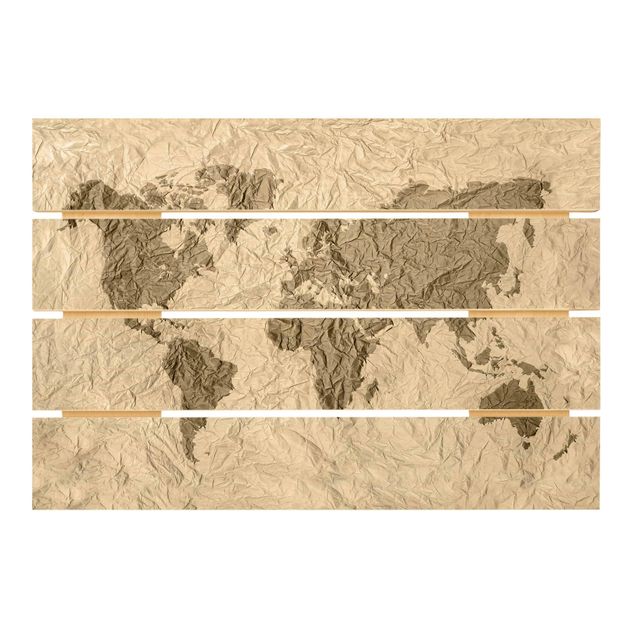 Impression sur bois - Paper World Map Beige Brown