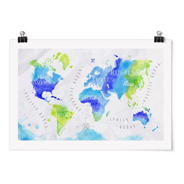 Poster mappemonde Carte du Monde Aquarelle Bleu Vert