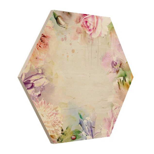 Tableaux bois Mélange de fleurs pastel à l'aquarelle